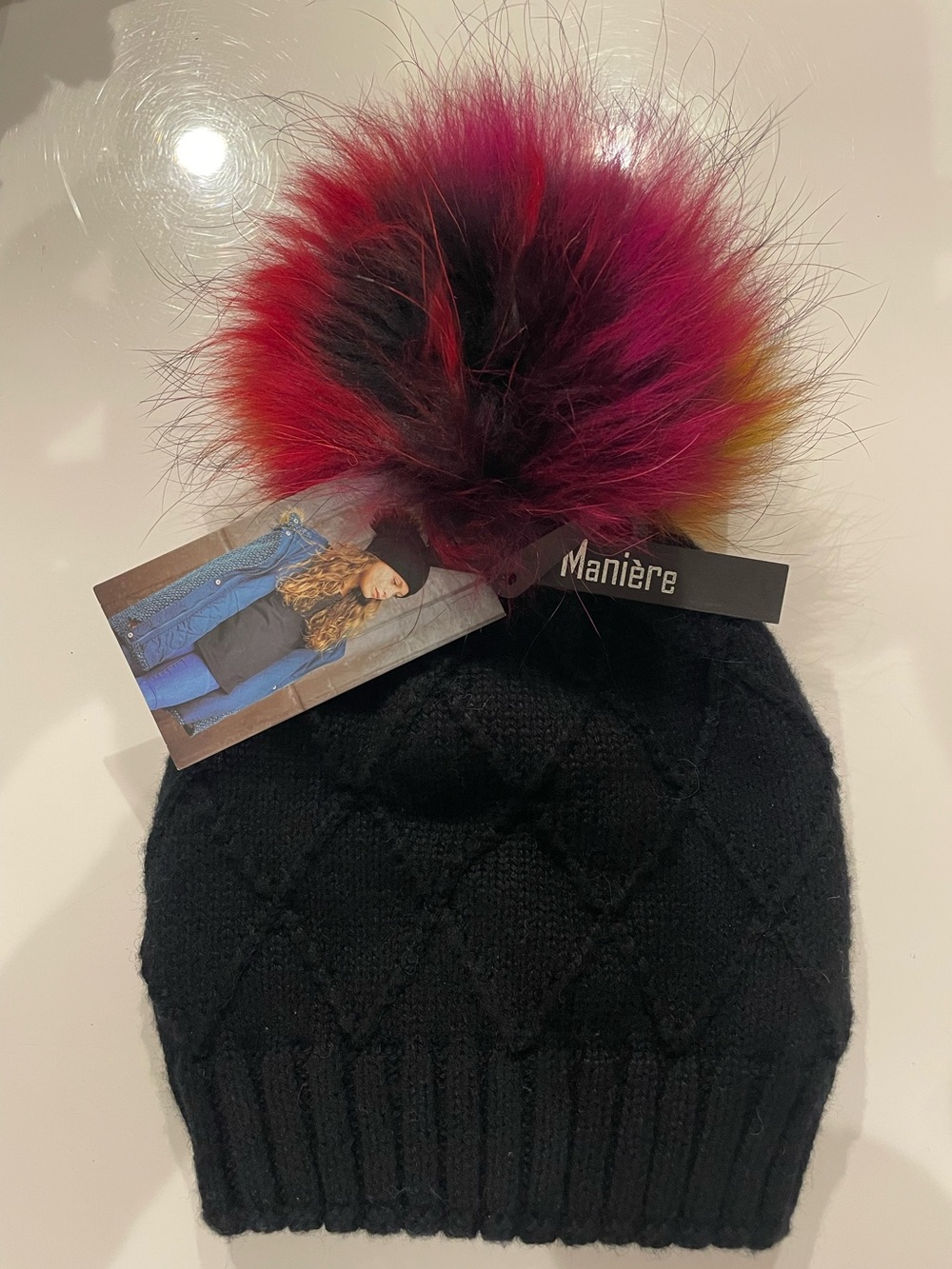 Manière Kids Diamond Knit Wool-Blend Black Hat Multi FOX Pom~Toddler (Small) NWT